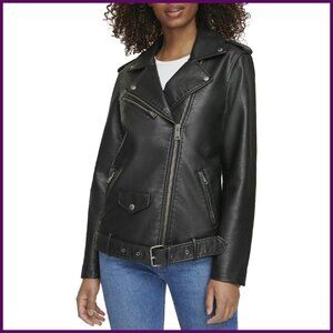 Oversized Faux Leather Motorcycle Jacket with Belt & Zipper Cuffs